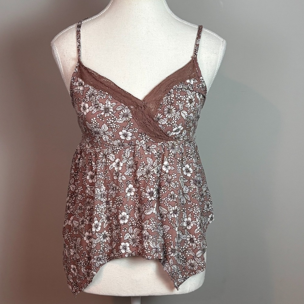no comment brown floral lace trim crossover asymmetric hem cami juniors sz MED